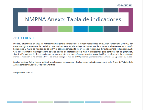 Tabla de indicadores NMPNA