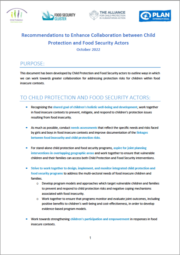 Recomendaciones para mejorar la colaboración entre los actores de Protección de la niñez y Seguridad alimentaria